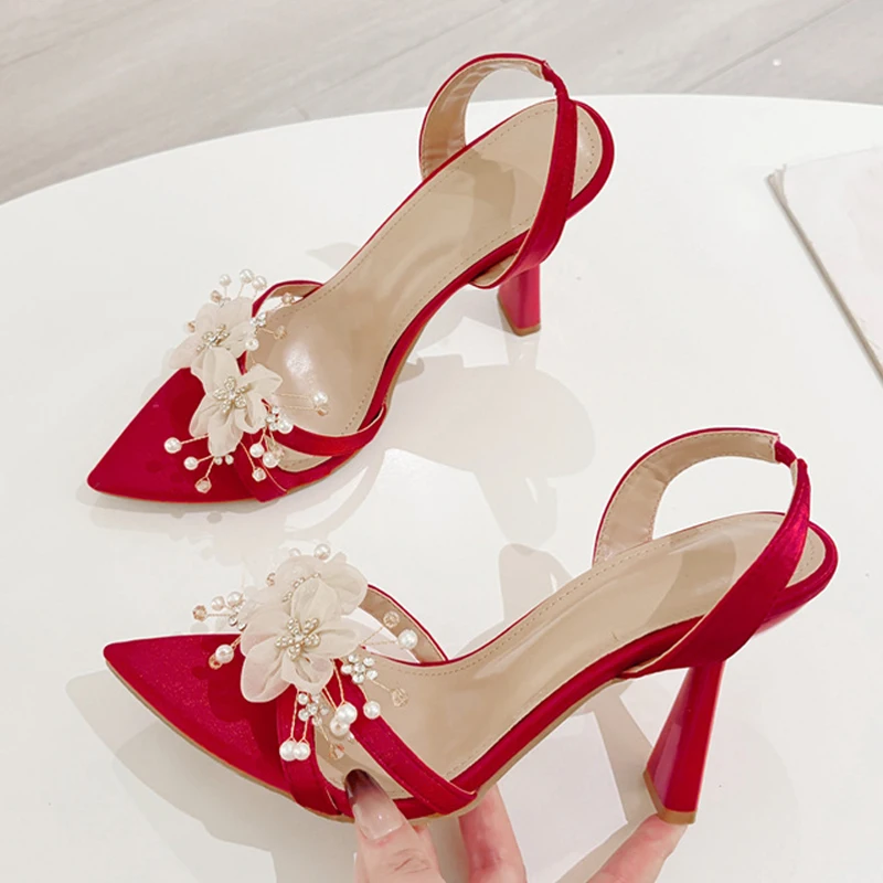 

Liyke Sexy Back Strap Sandal Women Summer Fashion Crystal Pearl Flower Pointed Open Toe Red High Heels Wedding Prom Shoe Size 41