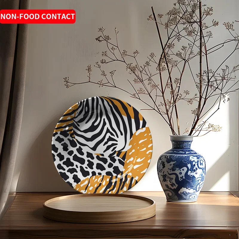 1pc Zebra Leopard Print Round Ceramic Decorative Plate - Black Background Animal Pattern, Non-Food Contact Art Dish for Living