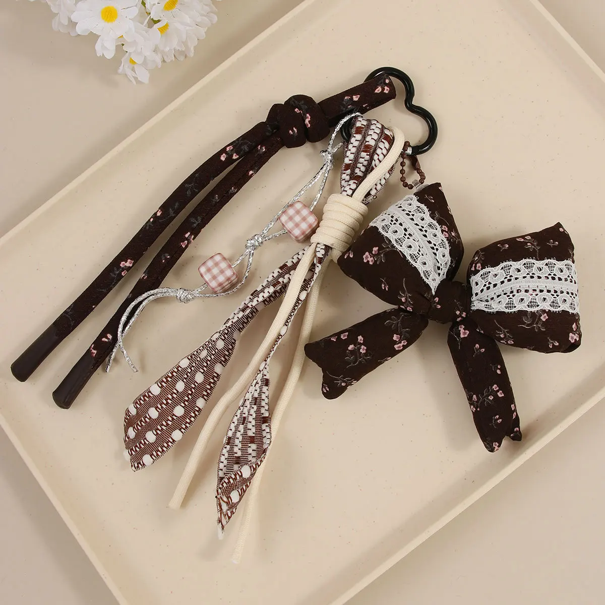 Fashion Fabric Gauze Knitted Flowers Brown Bow Hanging Accessories Keychain Cute Plaid Square Beaded Braided Rope Bag Key Chain