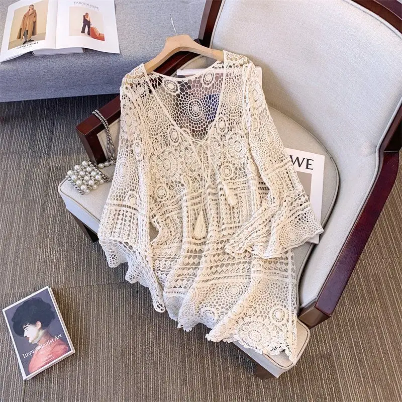 Women Clothing Mid Length Hollow Horn Sleeve with Lace Tie Cover-Ups Spring Summer Fashion Loose Crochet Knit Coats Lady Y2k Top