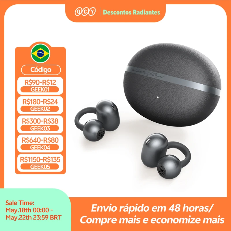 QCY Crossky C50 CT06 Fones de ouvido sem fio abertos Bluetooth 6.0 Ultra-confortáveis ​​com clipe para chamadas IA, reforço de graves, controle de vol