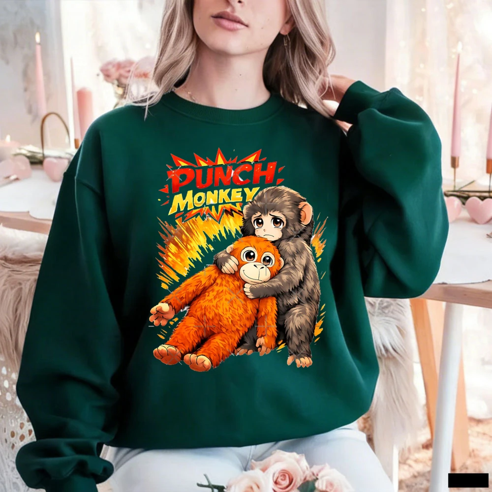Vintage-Anime-Style-PUNCH-Monkey-Hugging-Plush-Explosion-Effect-Sweatshirt-Trendy-Casual-Wear-Nostalgic-Edgy-Cartoon-Pullover