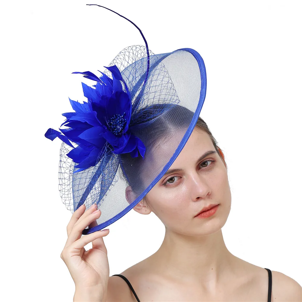 Royal Blue Cocktail Hat Fascinator dla kobiet wesele opaski francuski siateczkowy welon obręcz do włosów ozdoby Bride Feather spinki do włosów