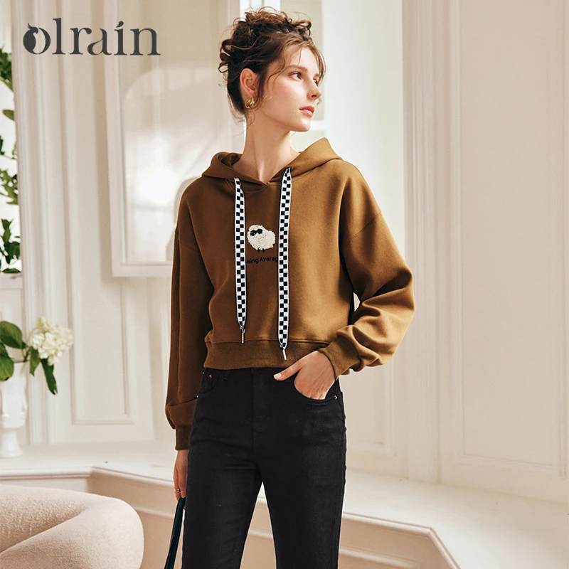 

‌OLrain Women Coffee Hooded Sweatshirt 2026 Spring Fall Fashion Vintage Long Sleeve Cotton Knitted Crop Ladies Top N56QR63100