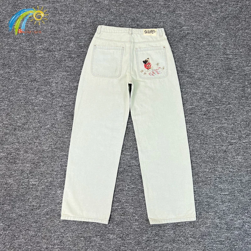 

Men Women Light Fading Blue Derschutze Denim Pants Best Quality Bear Fish Embroidery Loose Straight Leg Jeans With Tags