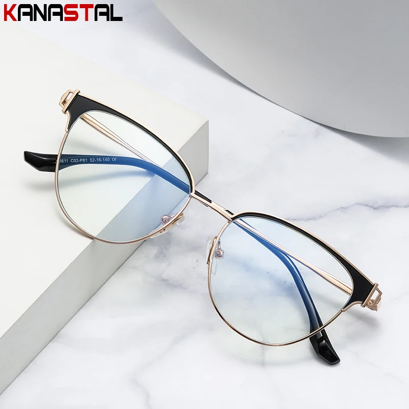 Women Blue Light Blocking Glasses Metal Cat Eye Eyeglasses Frame Men Anti Blue Light Lenses Prescription Myopia Reading Eyewear