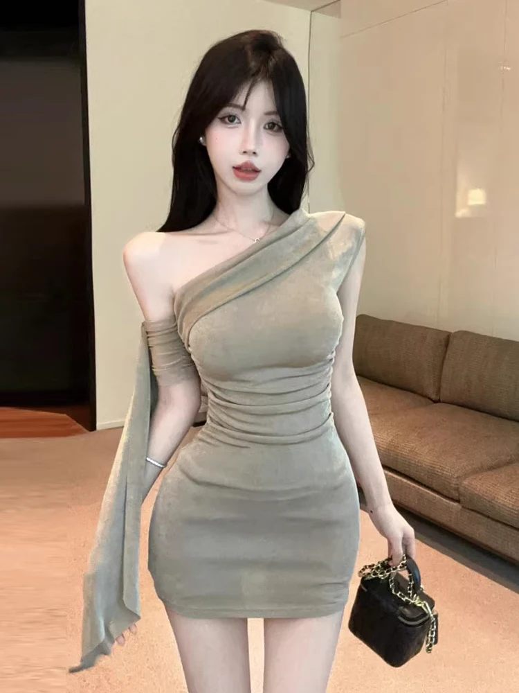 

Sexy Spicy Girl Draped oulder Slip Dr Pure Desire Waist Cinching Pleated ort Skirt Wrap Body Summer Casual H-ape