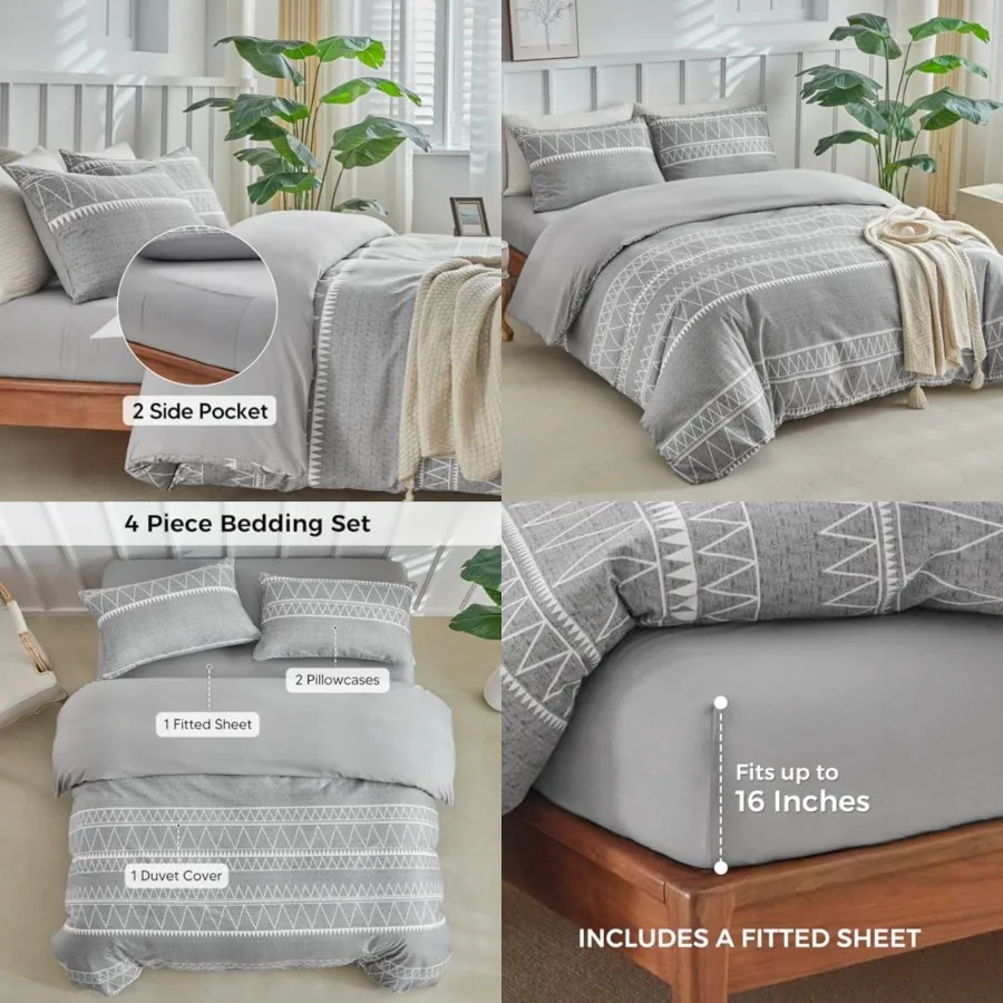 

Duvet over Queen Size with Fitted Sheet 4 Piees Printed Soft edding Set, Includes 1 Duvet Cover 90x90 Inch with Zipper Closure