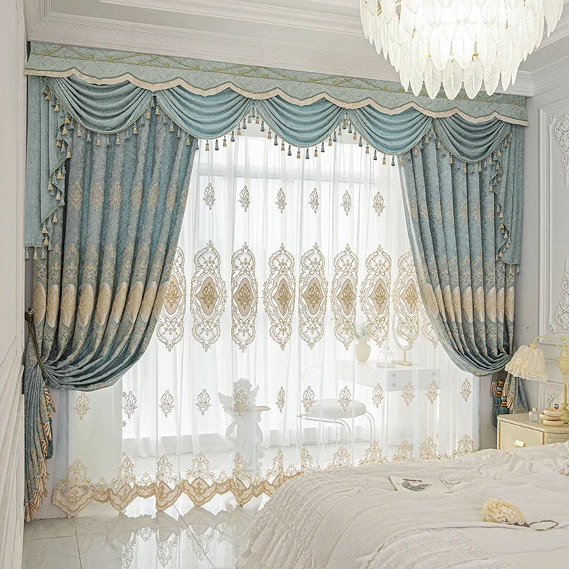 

European Luxury Chenille Embroidered Curtains for Living Room Bedroom Dining Blackout Blue Valance Decor Custom White Tulle Sale