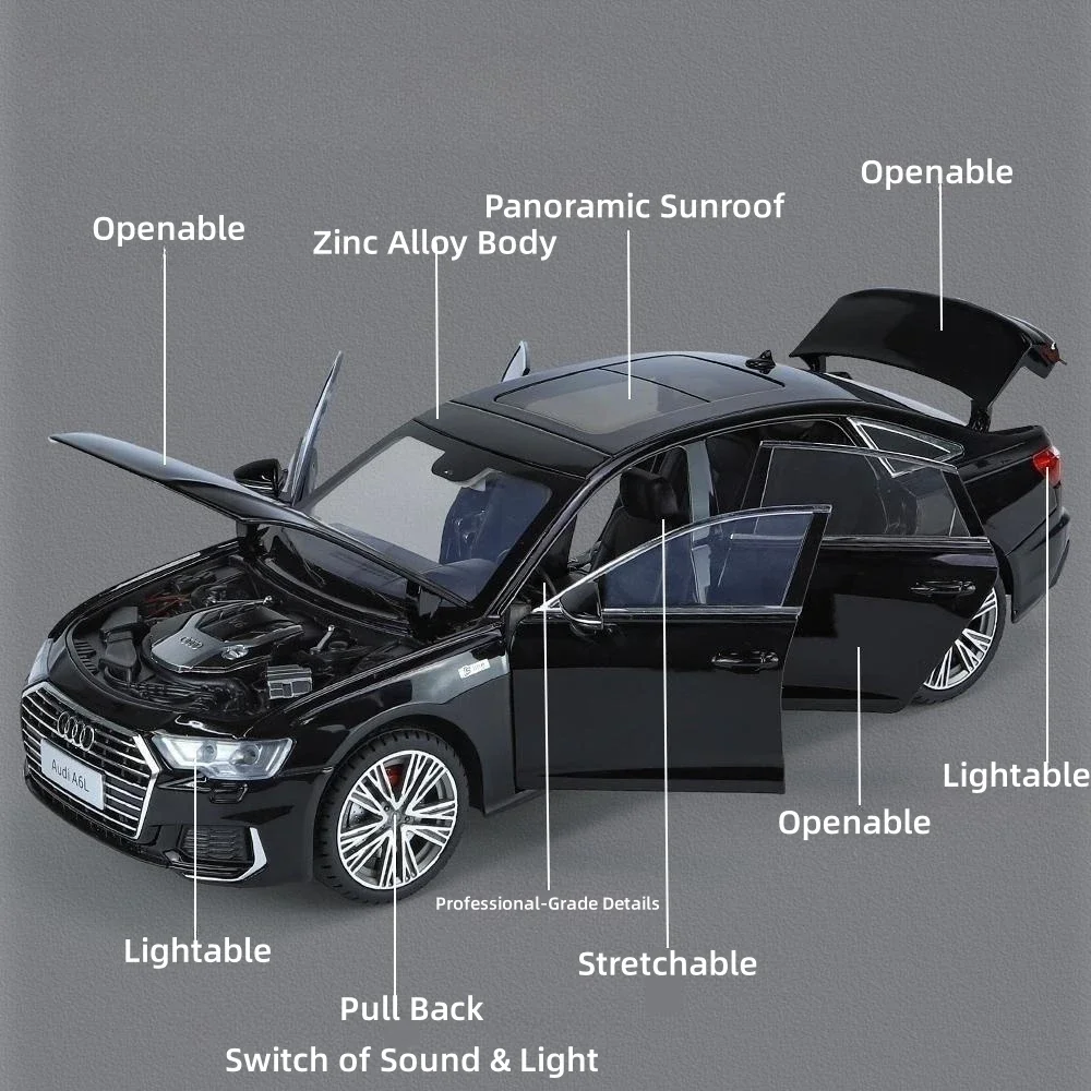 Coche de juguete Audi A6L de aleación de Metal fundido a presión, modelo en miniatura, puertas de luz con sonido extraíble, colección que se puede abrir, regalo para niños, 1/18