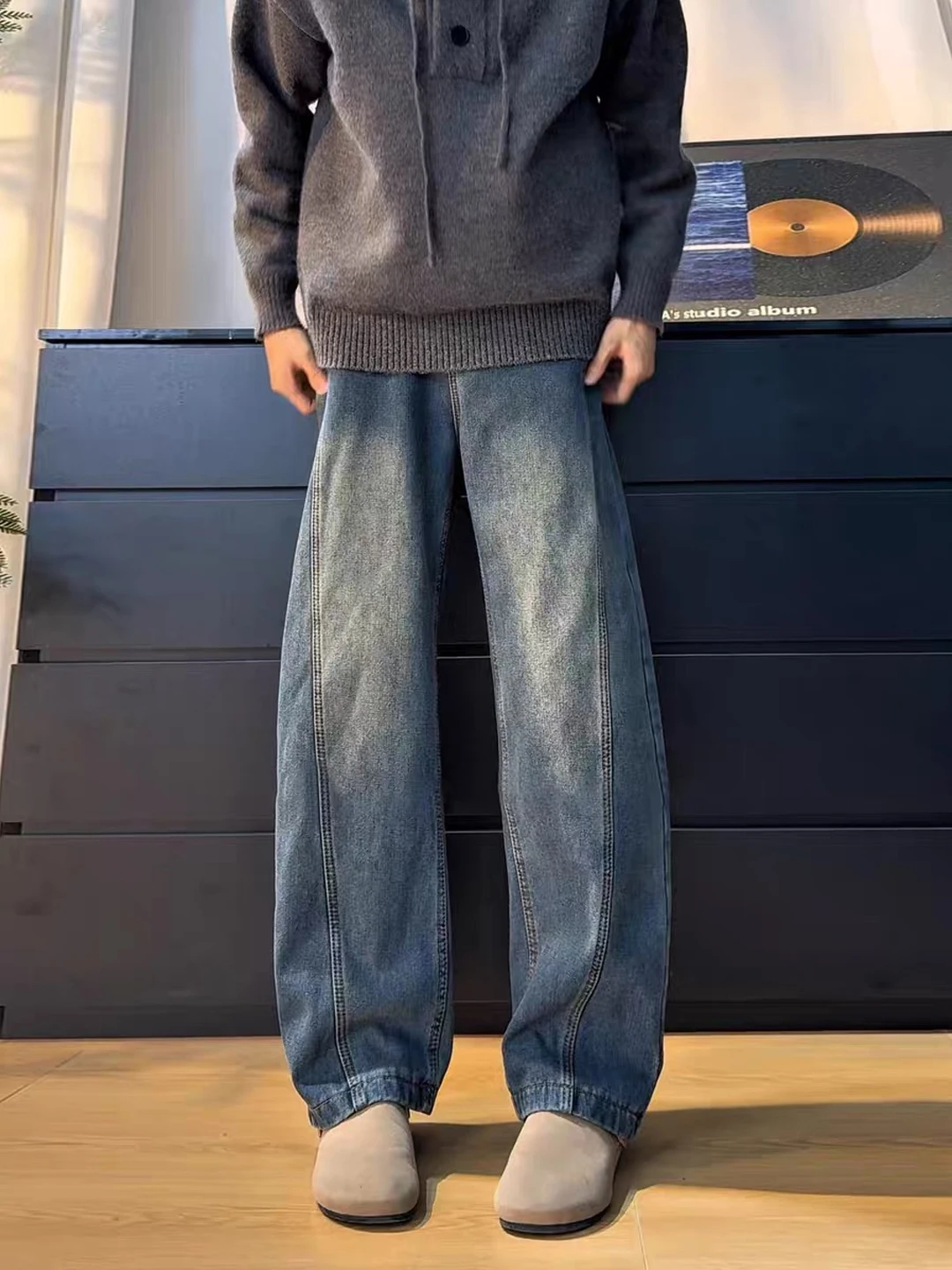 

Мужские прямые джинсы в стиле ретро с флисовой подкладкой, утепленные, зауженные, для зимнего сезона, рабочие брюки с дизайном «Нож»