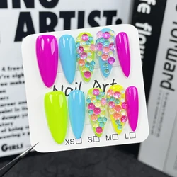 Press On Acyrlic Nails Colorful Y2k False Nails With Aurora Rainbow Rhinestone Decor Handmade Fake Nails Long Round Almond Shape