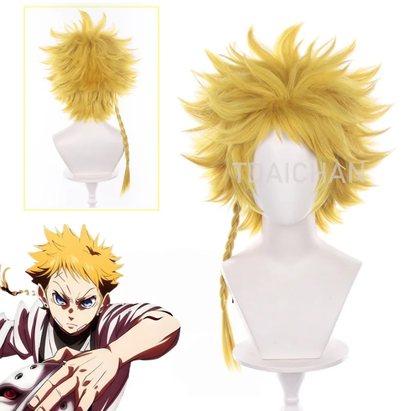 Peluca de cosplay de Anime Vermilion Mask, color amarillo dorado, con pelo corto y puntas afiladas, trenza integrada, 60 cm, sintética, resistente al calor, ideal para Halloween.