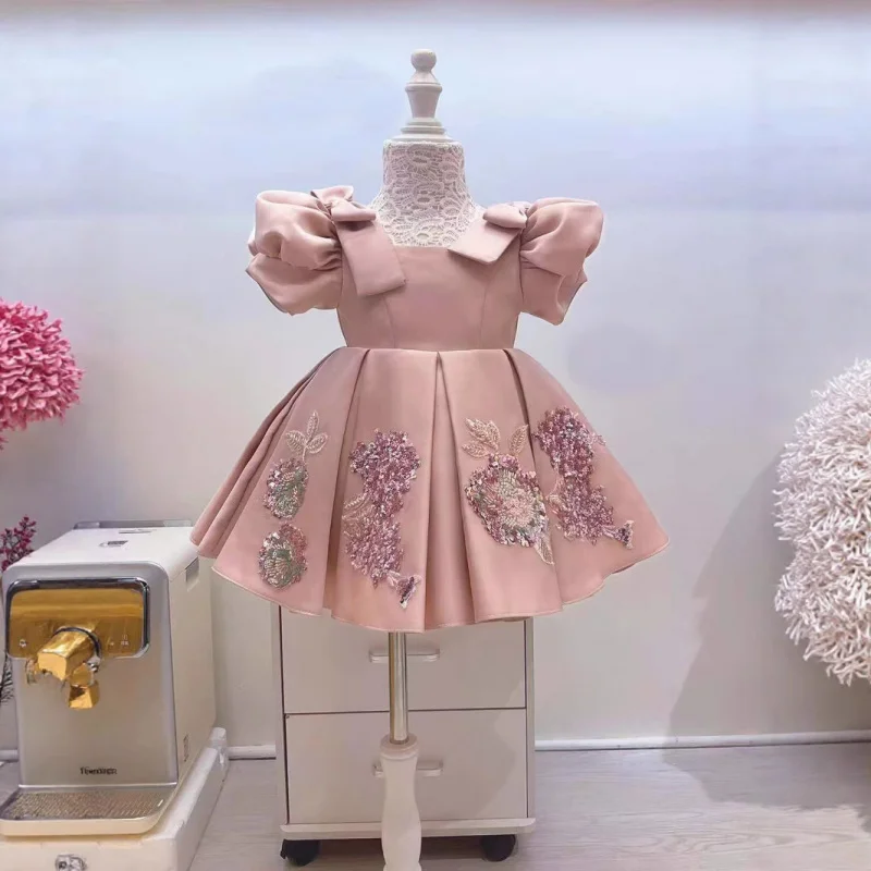 insNew children's dress with puff sleeves, princess dress, flower girl dress, satin dress, festival performance costume