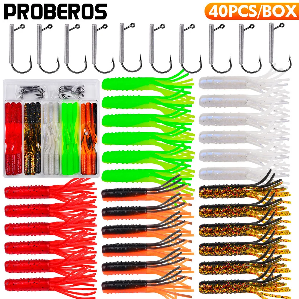 40pcs Lure Fishing Soft Bait Kit Jighead Ned Rig Setup Salt-Infused, Scented Soft Baits for Bass and Mandarin Fish