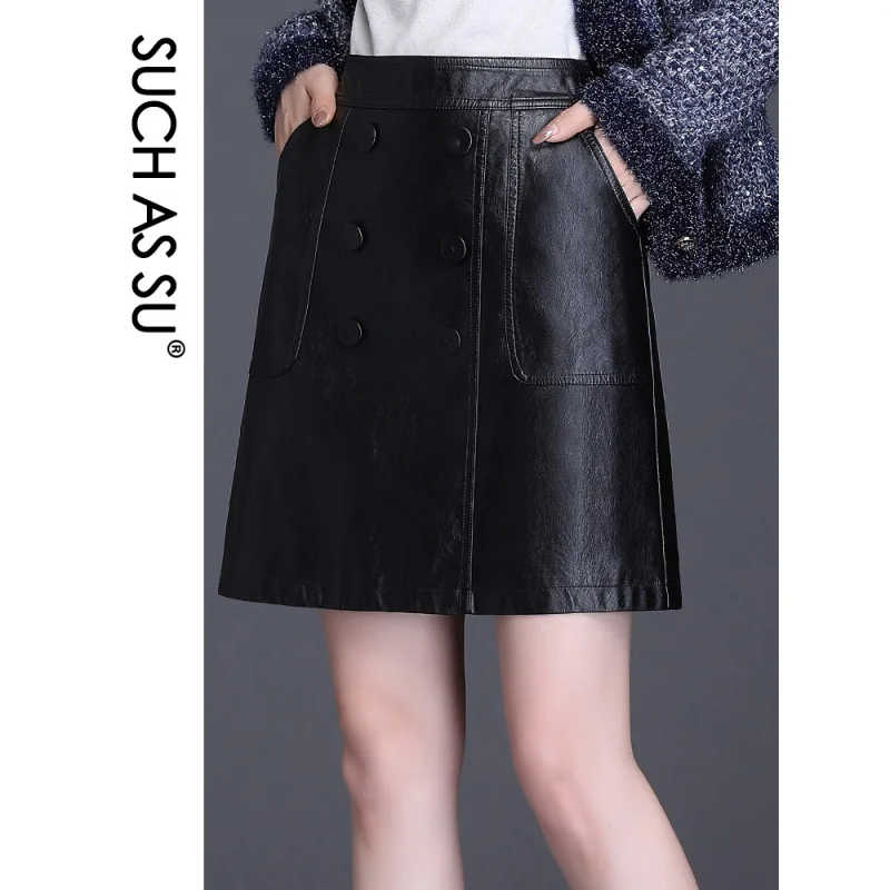 Fall Winter Leather Skirt 2023 New Fashion Black High Waist Button PU Pockets A Line Skirts M-4XL Size Mini Skirt Female