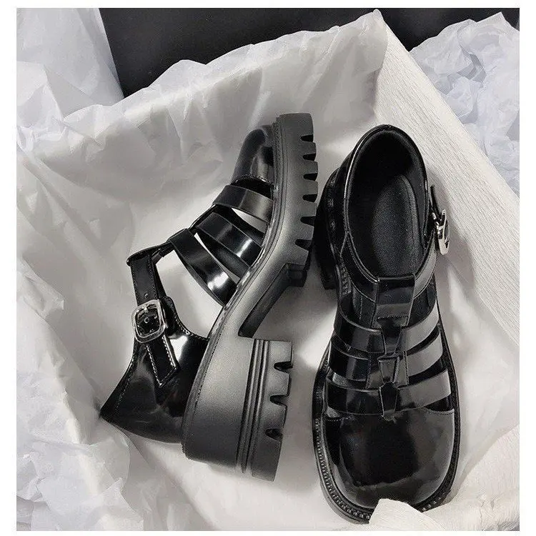 2024 Hot Sell New Baotou Sandals Women's Platform Roman Sandals Retro High Heels with A Line Button Hollowed Out Women's Shoes