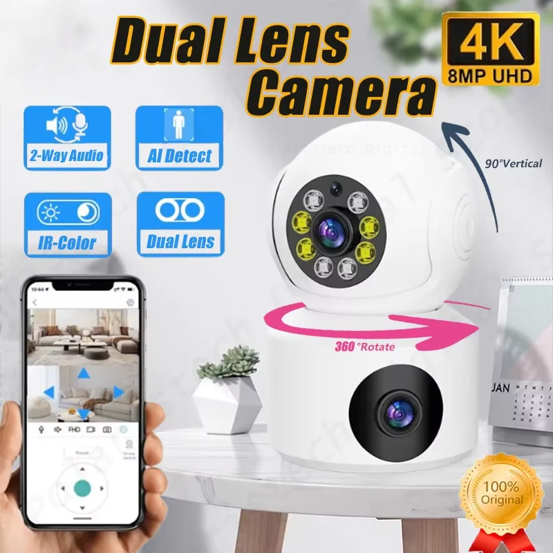 Dual Lens 360° Rotatable Camera 4K WiFi Surveillance Auto Tracking 2 Way Audio Night Vision Monitor Smart Home Mini Camera