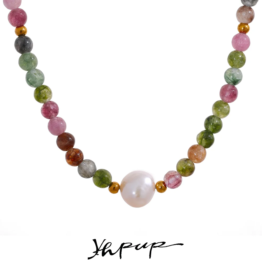 Yhpup Multicolor Natural Tourmaline Stone Pearl Semi-precious Beads Luxury Ladies Necklace Handmade Stainless Steel Jewelry Gift