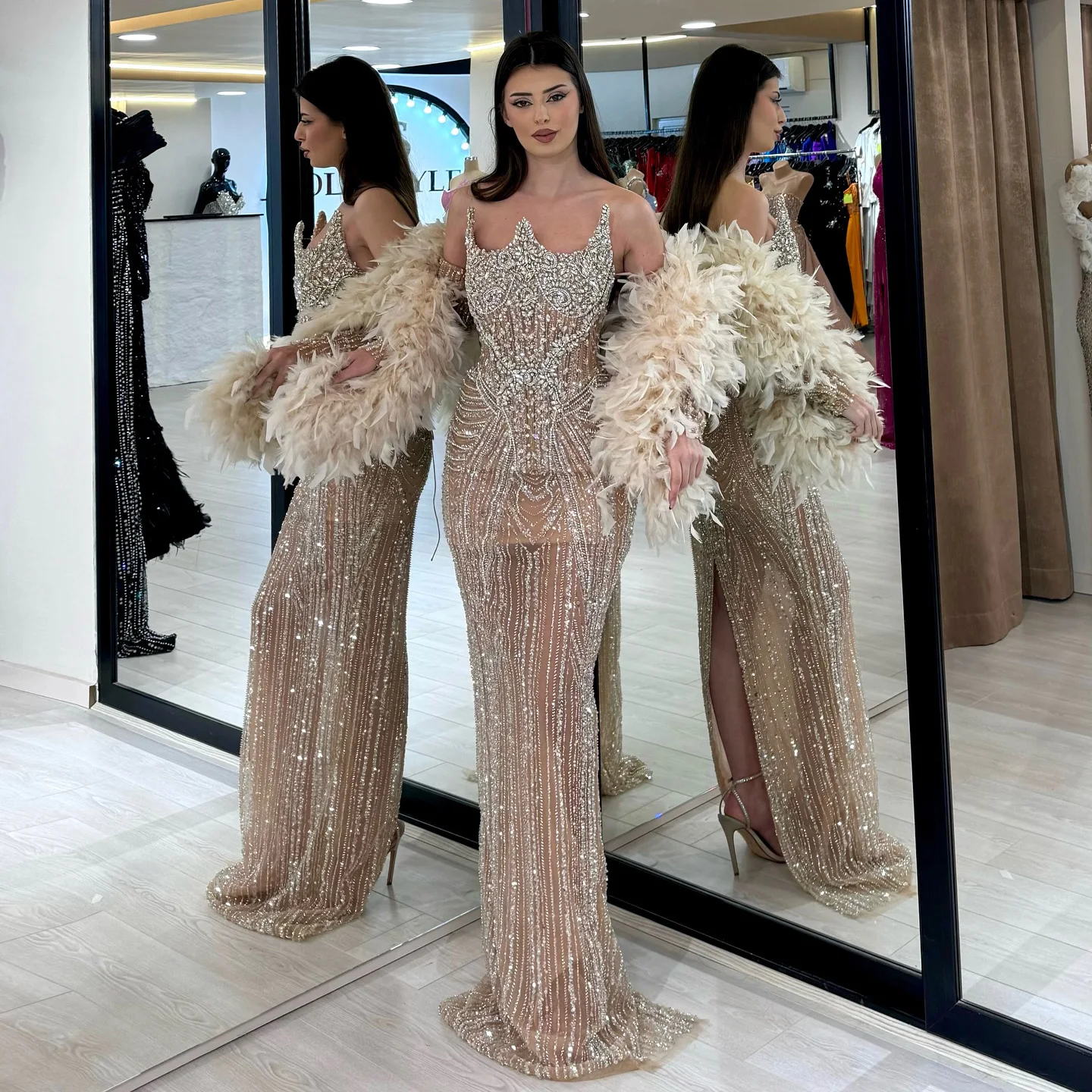

Sharon Said Luxury Champagne Mermaid Evening Dress with Feather Cape Sleeves for Women Wedding Party Prom Gown SS067 Customized