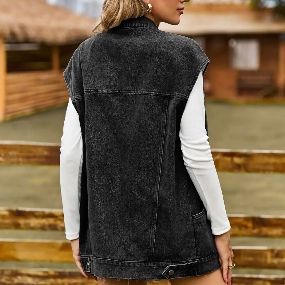 Single-breasted Denim Vest Stylish Women's Denim Vest with Big Pockets Single-breasted Design Casual Sleeveless for Streetwear