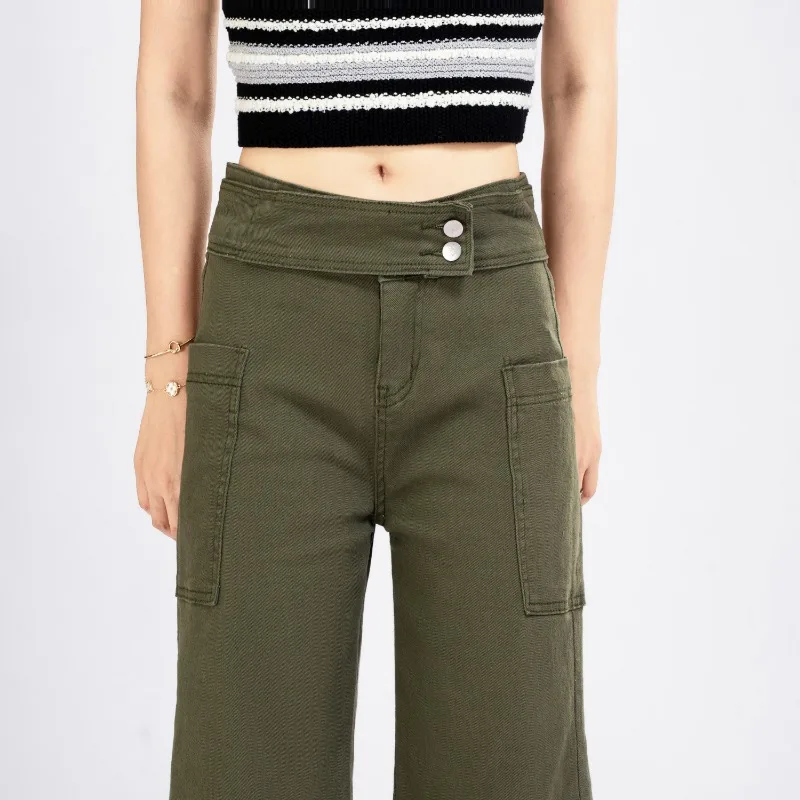 Women Autumn Cargo Jeans With Big Pockets Loose Wide Leg Flare Capri Pants Army Green Casual Cropped Trousers