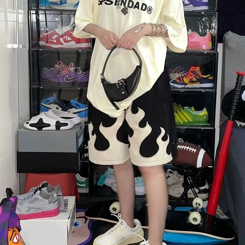 Men’s Summer American‑Vintage Flame‑Print Knee‑Short Trendy High‑Street Bottom Basketball‑Sport‑Oriented Trousers Niche‑Style