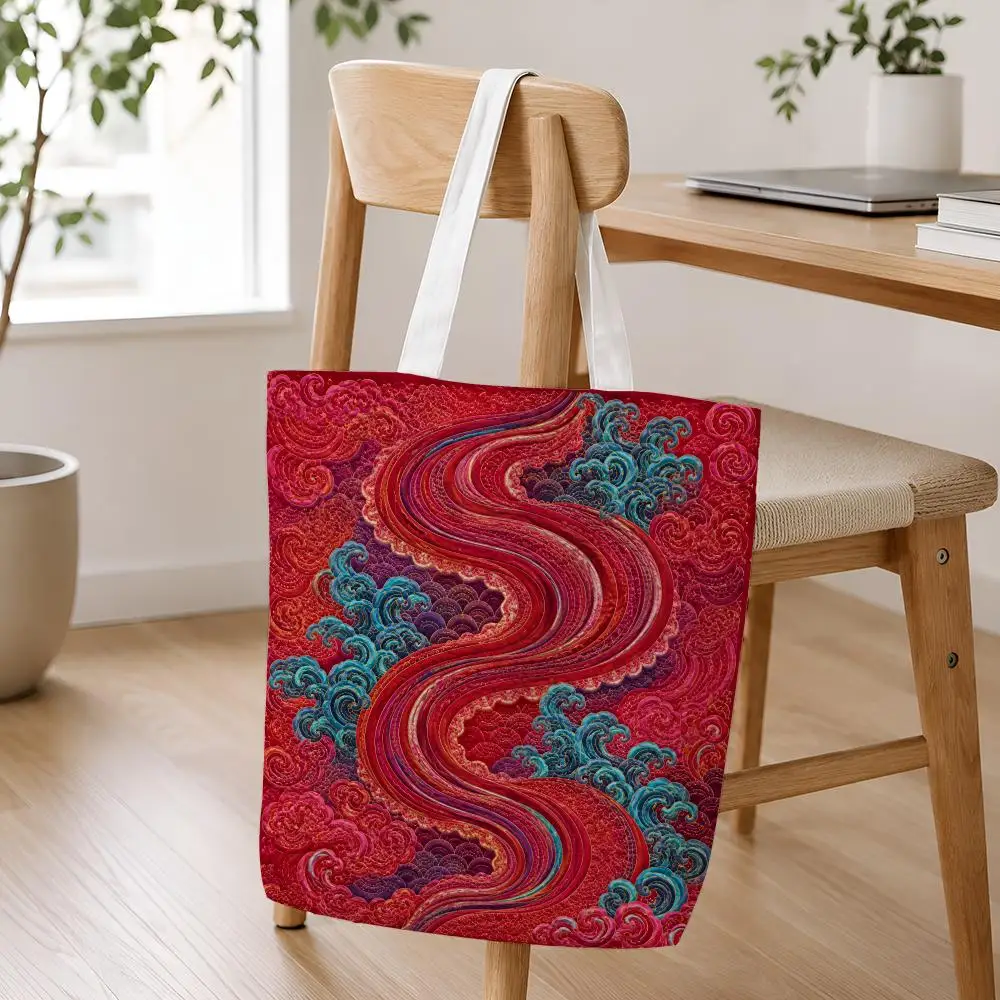 Chinese Brocade Cloud Wave Storage Bags Lightweight Foldable Canvas Tote For Shopping Commuting And Travel