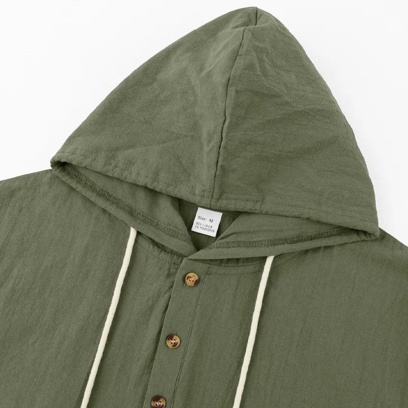 Men’s Hooded T-shirt, Long Sleeve Button Closure Solid Fall Tops Streetwear for Casual Daily