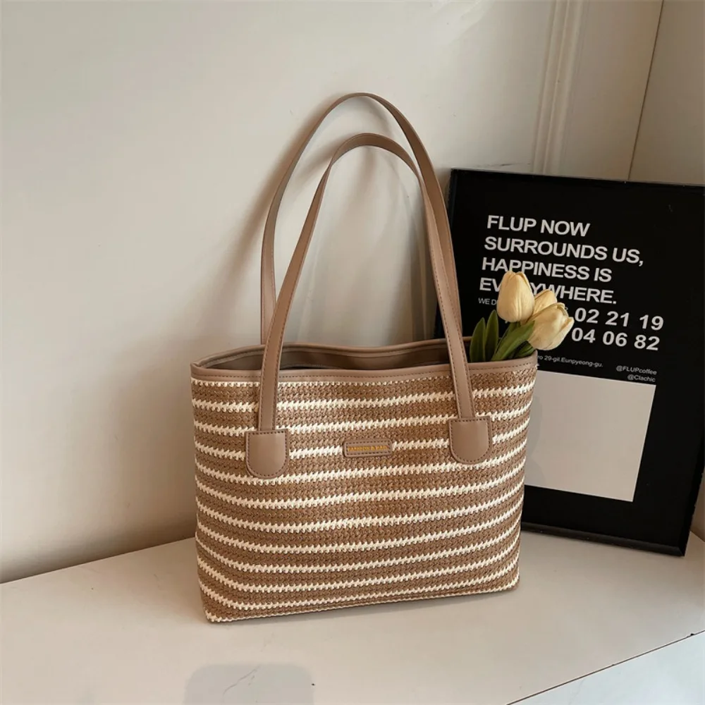 

Hollow Out Straw Woven Bag Parent Shoulder Bag Beach Handbag Bohemian Beach Bag Large Capacity Bucket Bag Strip Shoulder Bag
