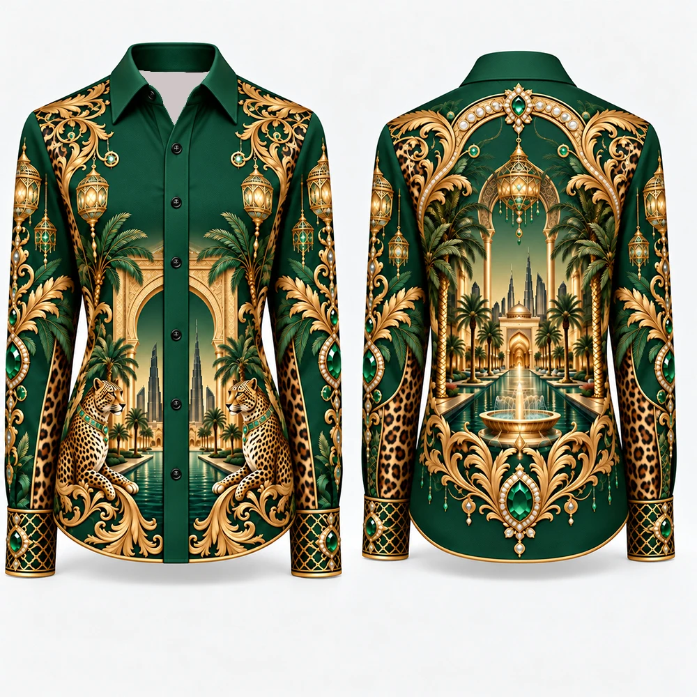 Men Luxury Baroque  Shirt Dark Green Double Leopard Head Gold Chain Floral Print Lapel Button Down Shirt Party Banquet Tops
