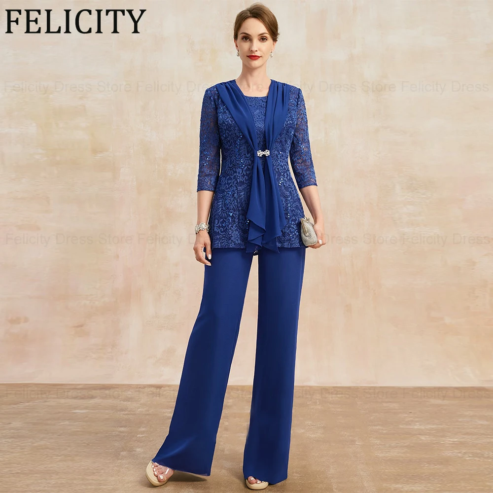 FELICITY-Lace Beading Lantejoulas Macacão, Exquisite Mãe da Noiva Vestidos com Jaqueta, Wedding Guest Vestidos, 3 Peça Pantsuit