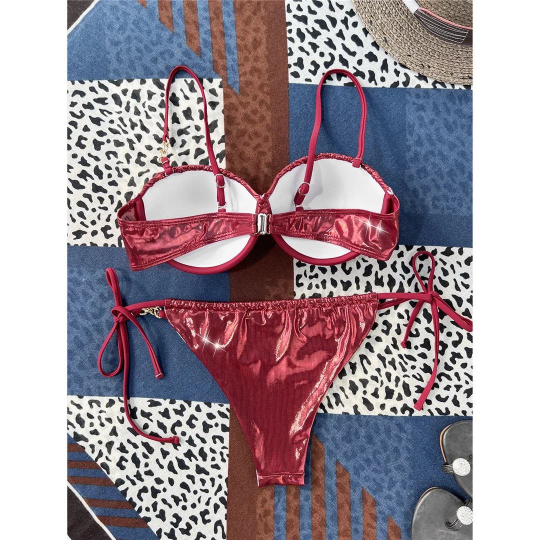 PU-Kunstleder-Bikini mit Bügel-BH und Cups, Damen-Badeanzug, zweiteiliges Bikini-Set, Badebekleidung, V5221 – Detail 10
