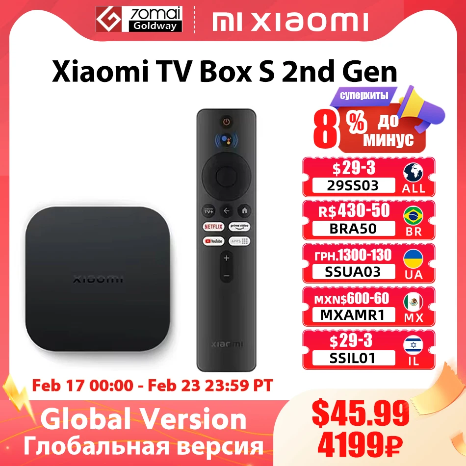 Global Version Xiaomi Mi TV Box S 2nd Gen 4K Ultra HD Google TV 2GB 8GB Dolby Vision Google Assistant Netflix Wifi Media Player