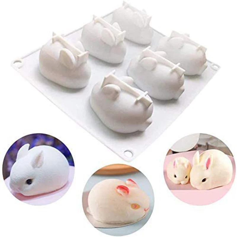 Silicone Rabbit Mold Fondant Bunny Mold Chocolate Cake Mold 6-cavity Mousse Cake Decoration Dessert Baking Mold DIY Candle Model