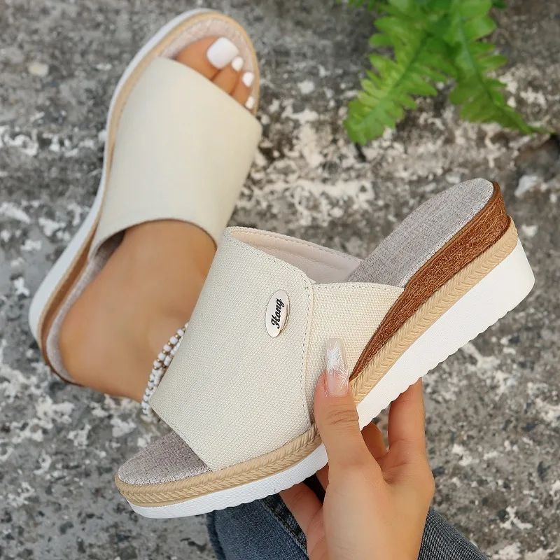 Women Slippers 2024 Summer New Fashion Elegant Cloth Shoes for Women Wedge Peep Toe Platform Slippers Ladies Zapatos De Mujer