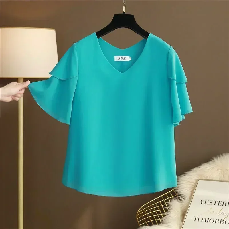 New Arrival Fashion Brand Women Blouse Summer Plus Size Flared Sleeve Loose Chiffon Shirt Short Sleeve V-neck Casual Tops Women