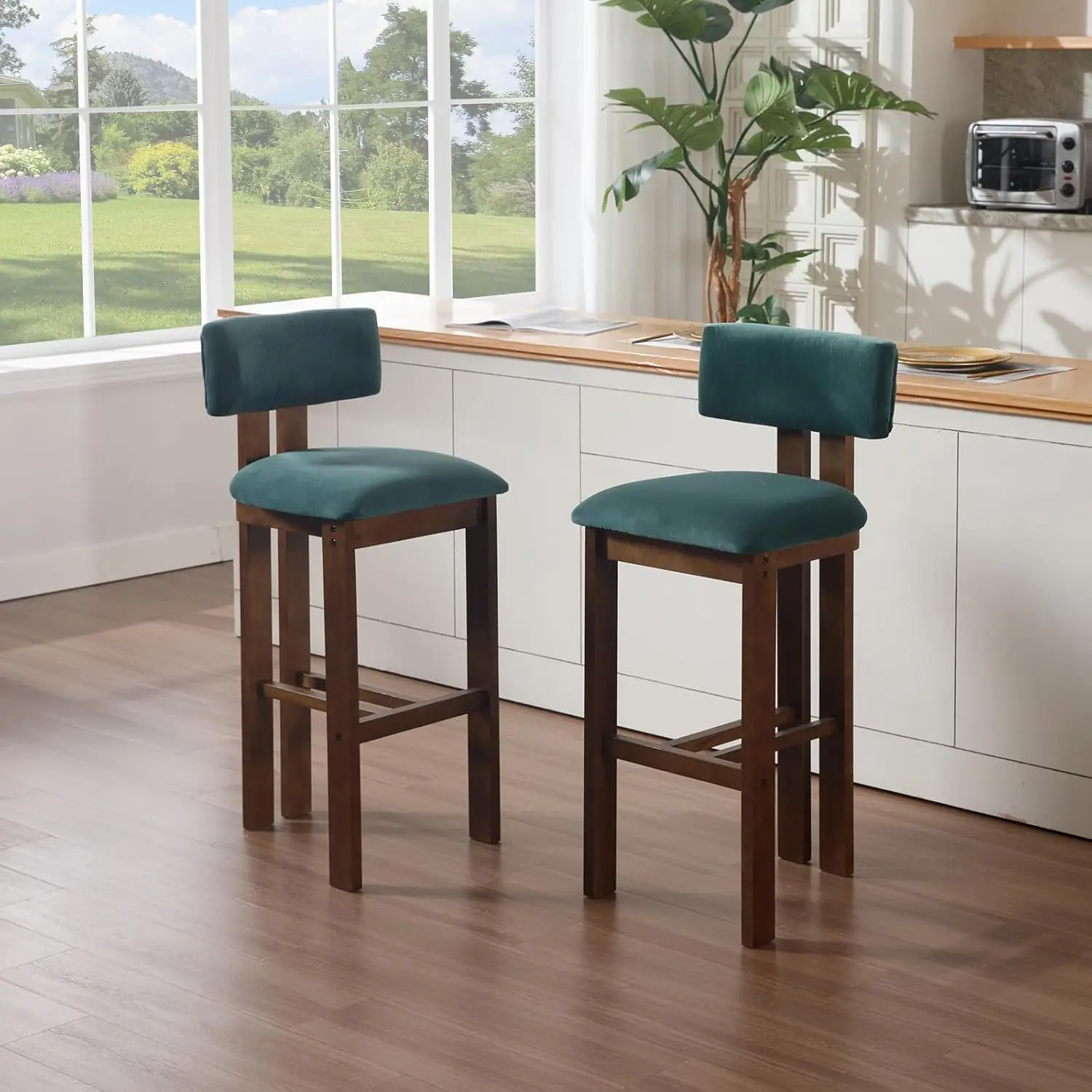 

30" Velvet Barstools Set of 2, Mid Century Modern Teal Upholstered Bar Stools with Curved Back, Armless Bar Stools