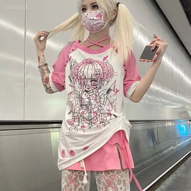 Y2k T Shirts Women Clothing Streetwear Bandage Short Sleeve Tees Fashion Japanese Camisetas Rivet Anime Print Sweet Tshirt Tops