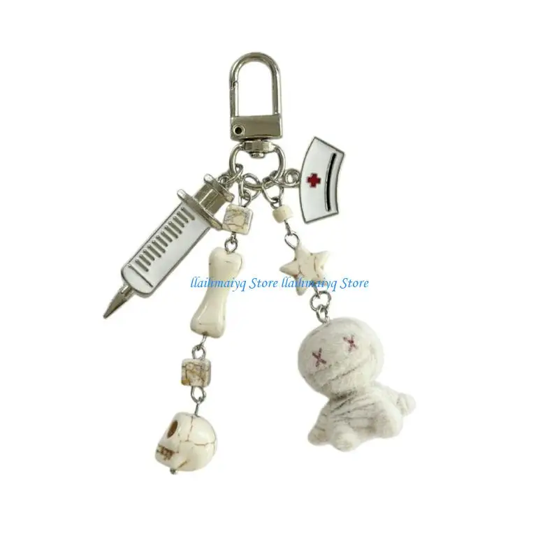 

573B Gothic Flocking Mummy Syringes Keychain Halloween Party Decoration Accessory Bag Charm Pendant For Bags And Keys