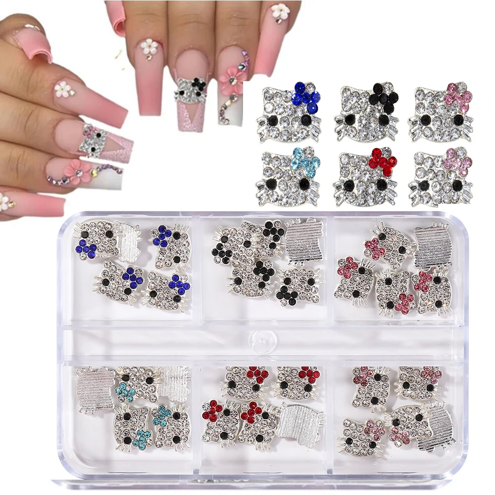 6 Raster/Doos Strass Metalen Hello Kitty Nagel Bedels Roze Strik Kitty Volledige Diamant Nagel Decoratie 6 Kleuren Manicure Accessoires Gl