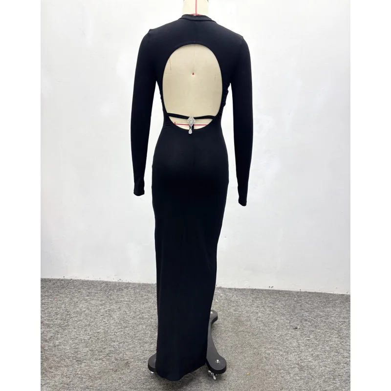 Elegant Sexy Women Dress Black Color Full Sleeve Hollow Out Back Slim Bodycon Long Maxi Dress Ladies Culb Party High Street view 6