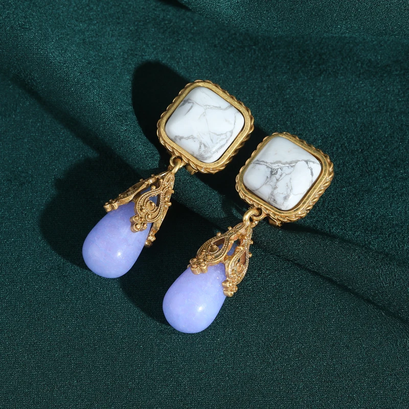 

Big Square White Marble Water Droplet Earrings Pendant Purple Long Agate Jewelry Luxury For Ladies Retro Elegant New 2026 Gift