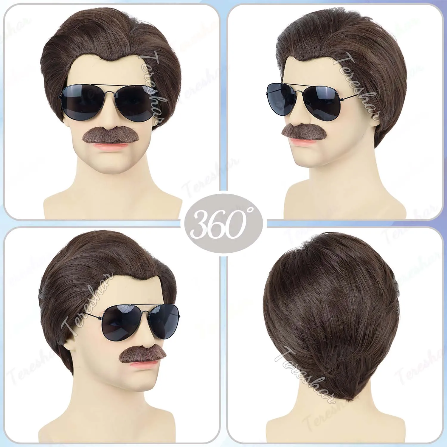 Synthetic Short Brown Men Wig+Msutache+Sunglasses 70s 80s Football Coach Wig for Costume Halloween Party, Ted Lasso Cosplay Wig