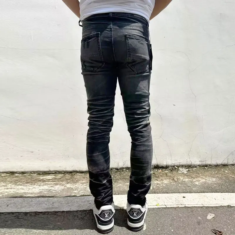 Latest Designer Street Fashion Men's Slim Fit Jeans Vintage Black Grey Elastic Split Jeans Men's Vintage Long Pants Spliced Hip
