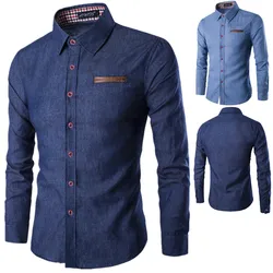 Camisa jeans manga longa masculina, camisa de botão, bolso de algodão, ajuste fino, roupa casual, outono