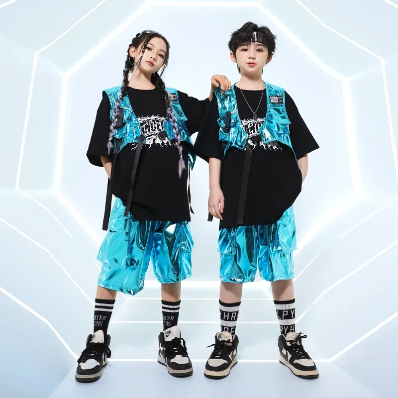 Hip hop meninos camiseta de couro do plutônio brilhante carga shorts meninas legal colheita topo streetwear crianças trajes dança rua criança jazz roupas
