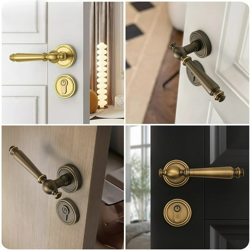 

French Retro Style Pure Copper Bedroom Indoor Universal Door, Wooden Door Handle, Silent Split Handle Door Lock