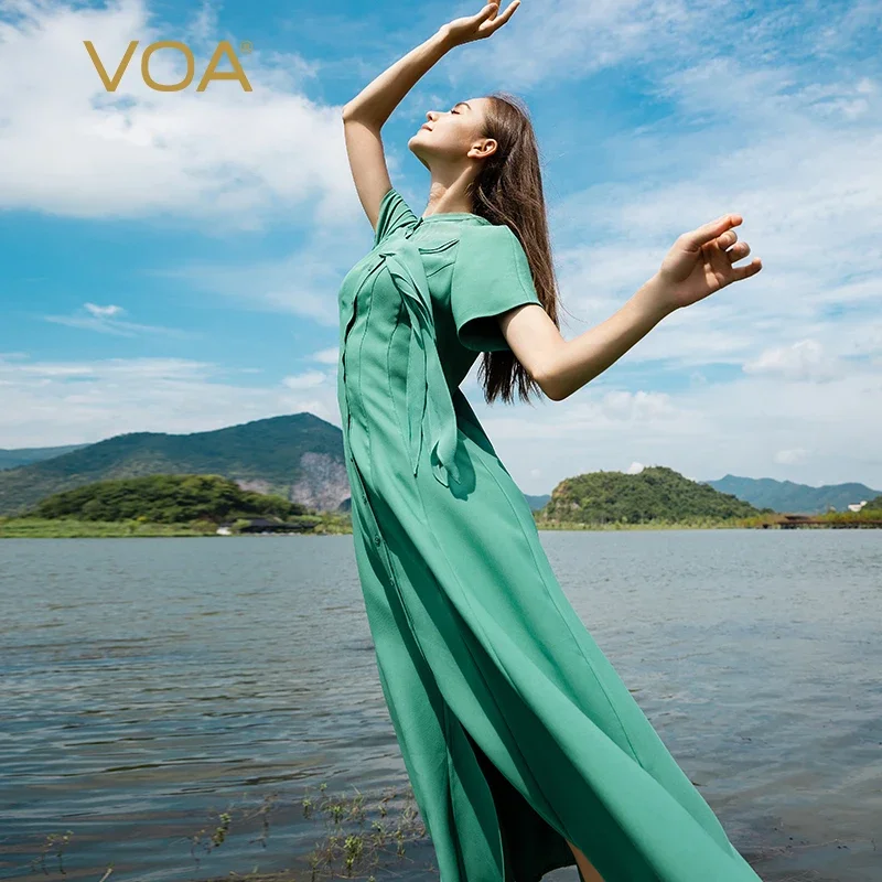 

VOA Turquoise 60 Momme Heavyweight Long Sky Mulberry Silk Stand Collar Short Sleeve Single Breasted Silk Shirt Dress AE1705