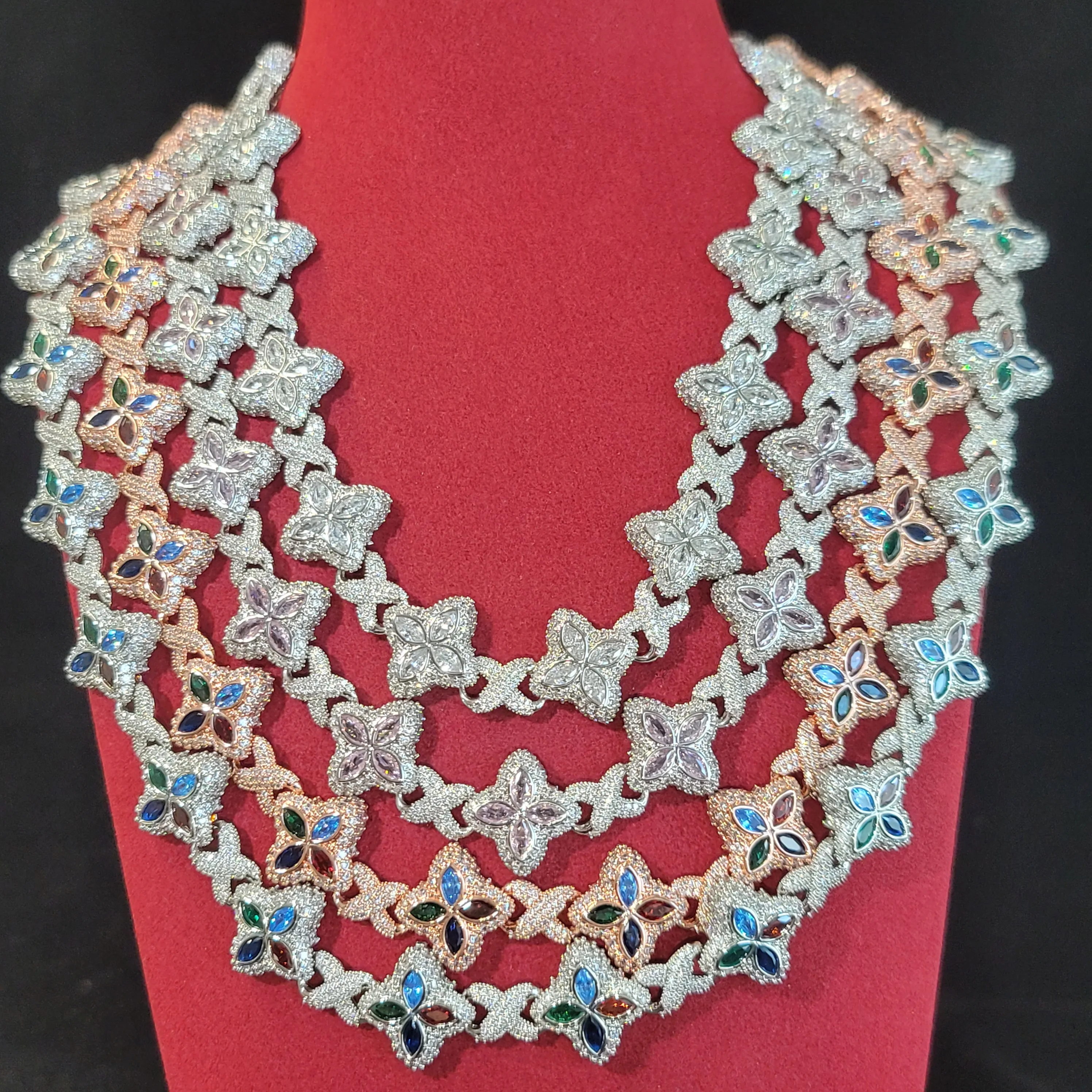 

Очаровательное многоцветное ожерелье с цветком для женщин и девочек, свадебные подарки, розовое, зеленое, синее звено, цепочка со льдом, роскошные ювелирные изделия, браслет в стиле хип-хоп